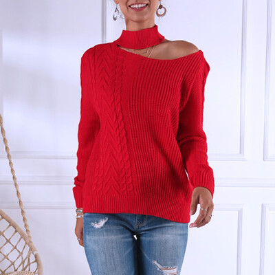 

Tailored Women Solid Color Hang Strapless Irregular Long Sleeve Knitted Casual Sweaters
