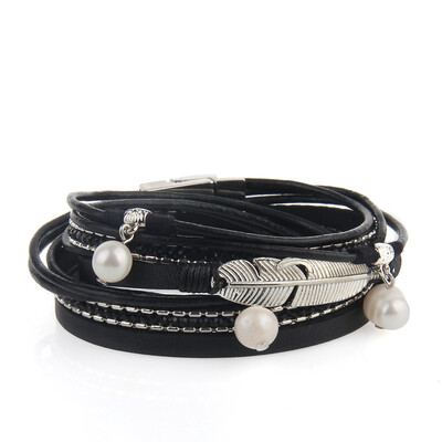 

Hot Selling New Fashion Summer Wind Personality Multilevel Cowhide Pearls Feather Bracelet