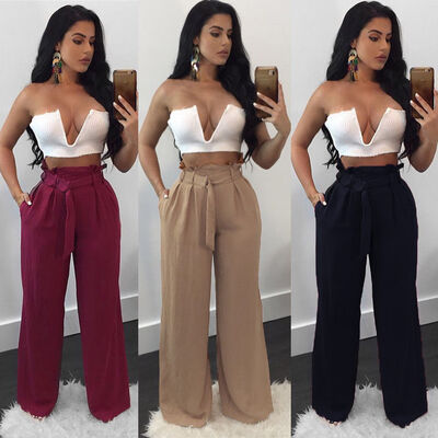 

Womens OL Office Loose Stretch High Waist Wide Leg Long Pants Palazzo Trousers