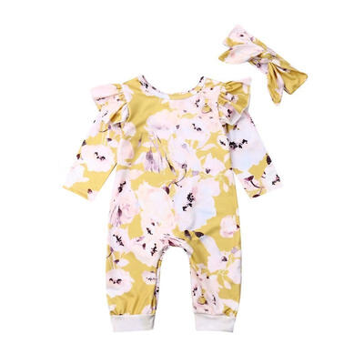 

Cute Baby Girls Long Sleeve Flower Romper Jumpsuit Bodysuit Headband Outfits Set