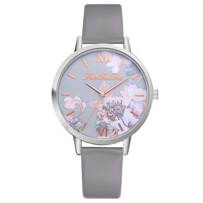 

Fashion Womens Watches Printed Flower Dial Ladies Simple Quartz Wristwatch Leather Strap Clock Casual Dress Reloj Mujer