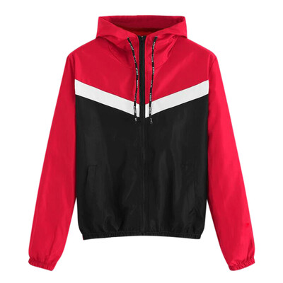 

Toponeto Women Long Sleeve Color Patchwork Thin Hooded Zipper Casual Sport Coat