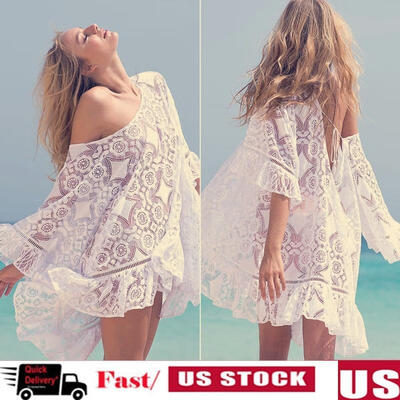 

Dangslxm Women&39s Floral Lace Crochet Swimsuit Bathing Suit Tunic Cover up Tie Back Bikini Beach Dress Short Kaftan Beachwe