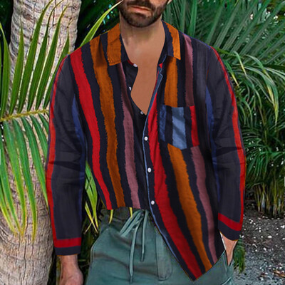 

Tailored Mens Fashion Casual Stripe Printing Cotton Linen Long-sleeved Shirt Tops Blouse