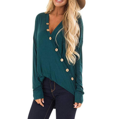 

T-Shirts Women Autumn New Style All-match Solid Color V Collar Long Sleeve Button T-shirts