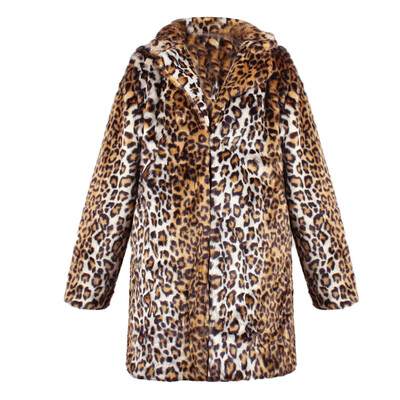 

Women Leopard Faux Fur Coat Winter Outerwear Long Sleeves Warm Jacket Lapel Overcoat