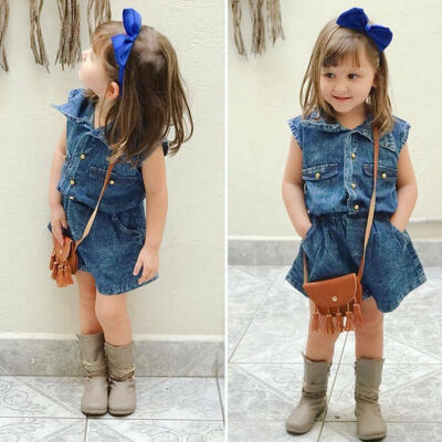 

Toddler Kids Girls Cute Mini Short Sleeve Denim Shorts Summer Romper Jumpsuit 2-7Y