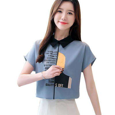 

Blouse Women Tops Peter Pan Collar Short Sleeve Letter Print Pullover Chiffon Blouse Korean Style Elegant Office Lady