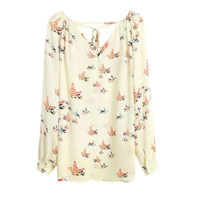 

Women Fashion Chiffon Top Blouse Short Long Sleeve Print Casual Loose Shirt Blusa Feminino Print