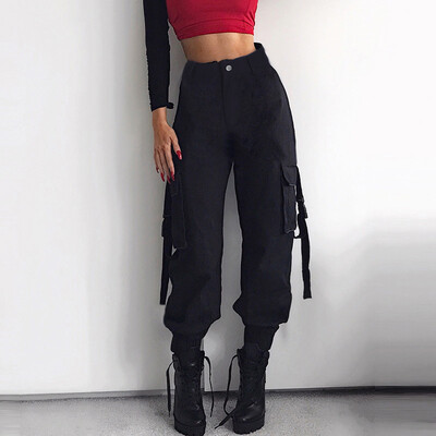 

Womens Summer Pocket Cargo Pants Ladies Casual Solid Color High Rise Trousers