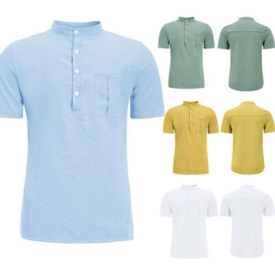

Mens Linen Short Sleeve Summer Solid T Shirts Casual Loose Dress Soft Tops Tee
