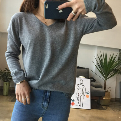 

Womens solid color sweater deep V-neck top stretch cotton tight bottoming long-sleeved knitwear code