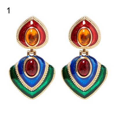 

Women Faux Gem Inlaid Enamel Heart Dangle Multicolor Stud Earrings Jewelry Gift