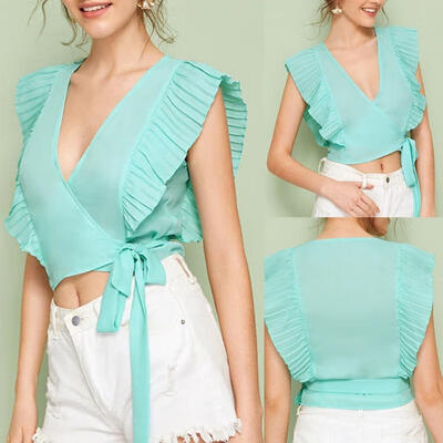 

2019 New Women Wrap V Neck Wrap Shirt Ladies Slim Fit Sleeveless Summer Tops Blouse Tee