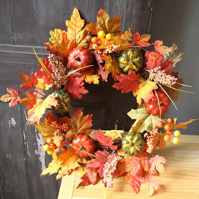 

Toponeto 40CM Halloween Pumpkin Berry Maple Leaf Fall Door Wreath Door Wall Ornament