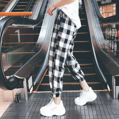 

Summer Women Casual Loose Harem Pants Plaid Elastic Tie Up Nine Points Trousers