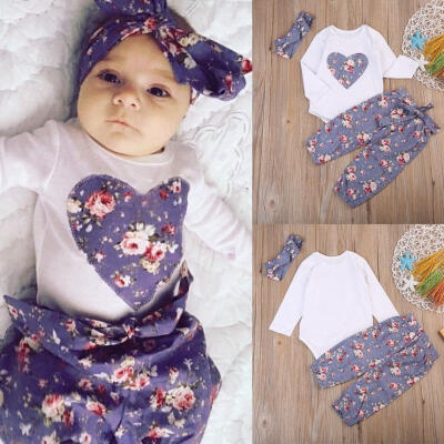 

3PCS Newborn Baby Girl Kids Tops Romper Long Pants Headband Outfits Clothes Set