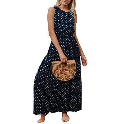 

Sexy Dot Print Dress Women O-neck Sleeveless Tunic High Waist Elegant Maxi