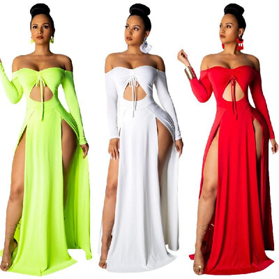 

S3521 Cross-border summer ladies solid color openwork split dress long-sleeved off-the-shoulder three-color 3