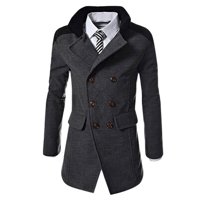 

Slimming Stand Collar Inclined Top Fly Color Spliced Flap Pocket Men\s Long Sleeves Peacoat