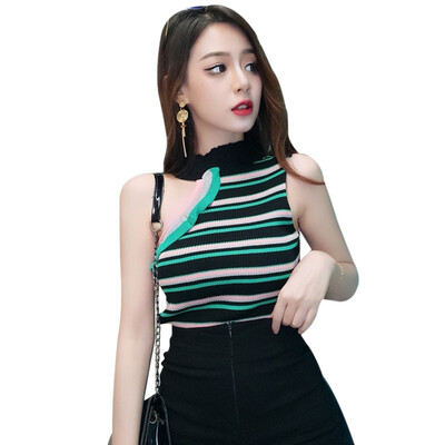 

Womens Summer Sleeveless Irregular Ruffles Tank Top Vintage Striped Solid Knitted Sports Tight T-Shirt