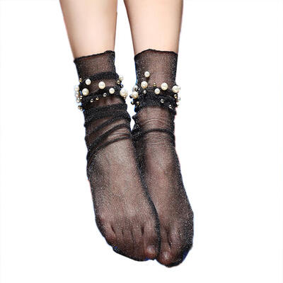 

Sexy Women Faux Pearl Glitter Transparent Ultra Thin Elastic Middle Tube Socks