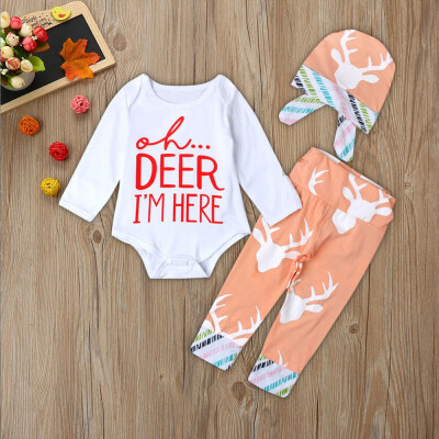 

3PCS Toddler Baby Letter Print Romper Deer Head Print PantsHat Set Outfit