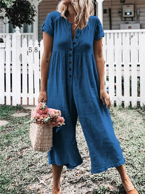 

Fashion Womens Casual Short Sleeve Button Down Loose Linen Baggy Jumpsuits Playsuit Long Trousers Overalls