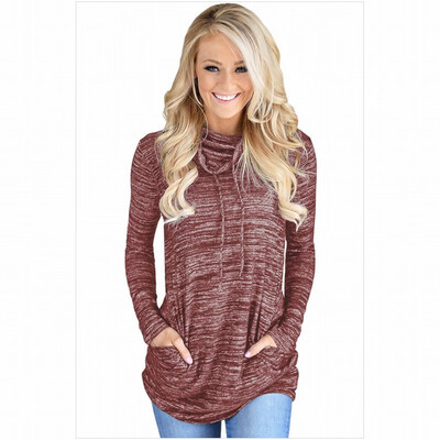 

Daily sports high collar long sleeve neckline strap pocket pullover casual sweatshirt womens