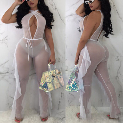 

Summer Women Ruffle Bikini Cover Up Jumpsuit Romper Playsuit Sheer Bodycon Beach Pants