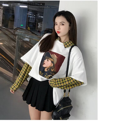 

fashion casual plaid stitching print fake two long sleeve loose bottoming shirt womens shirt plaid stitching shirt women1
