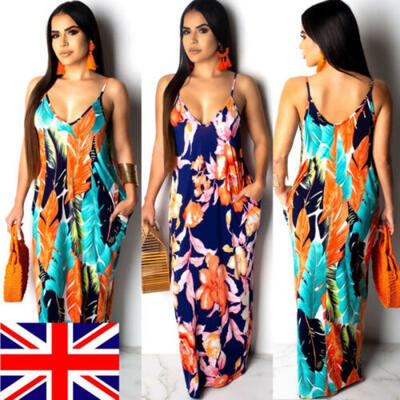 

Women Summer Sleeveless Casual Strappy Loose Dress Long Maxi Dresses with Pocket