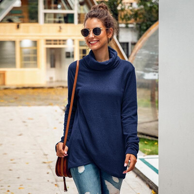 

Women Sweatshirt High Cowl Neck Irregular Drape Hemline Long Sleeve Spring Autumn Casual Street Wear