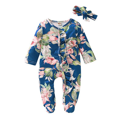 

Infant Summer Round Collar Long Sleeve Floral Print Girls Jumpsuit Climb Soft RomperHairband Two-piece Set
