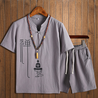 

Toponeto Mens Solid Color Printed Casual Loose Short-sleeved Cotton And Linen Set