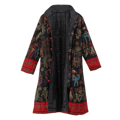 

Toponeto Women Winter Loose Long Sleeve Vintage Print Button Long Maxi Coats Outwear
