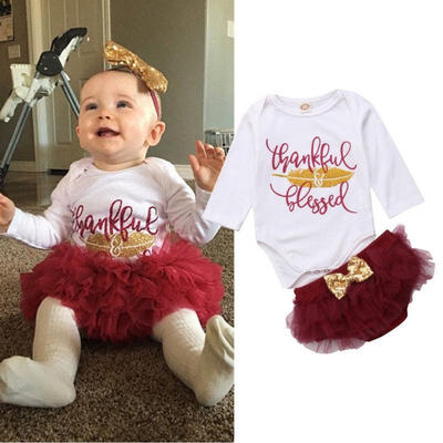 

Baby Girls Cotton RomperTulle Skirts 2PCS Outfits Thanksgiving Clothes Set Suit