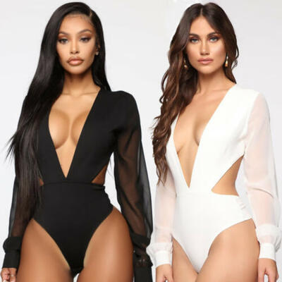 

Women Sexy Deep V Long Tulle Sleeve Bodysuit Romper Jumpsuit Leotard Tops Blouse