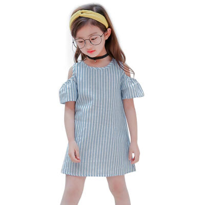 

Summer Girls Striped Dress Off Shoulder Short Sleeve Princess A-Line Dress