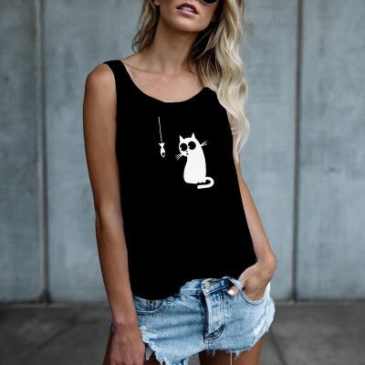 

Casual Women Cat Print Tank Top Scoop Neck Sleeveless Racer Back Summer Autumn Vest Tee Shirt