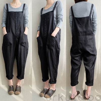 

Womens Sleeveless Strappy Dungaree Jumpsuits Overall Loose Harem Pants Trousers