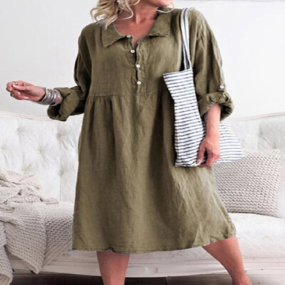 

Pure Color Lapel Rolled Long Sleeve Butttons Shirt Dress