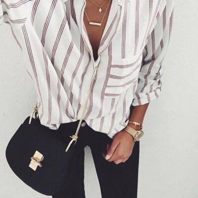 

Fashion Women Long Sleeve Cotton Striped Loose Shirt Casual Blouse Tops