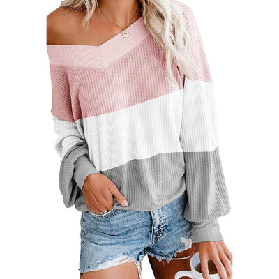 

Women V-neck Color Block Knit Sweater Pullover Warm Casual Pullover Jumpers Tops
