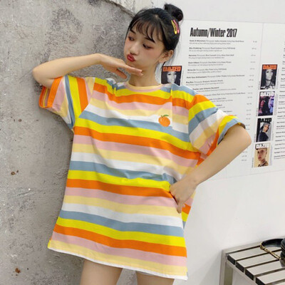 

Womens Fashion Summer Casual T Shirt Short Sleeve O-Neck Rainbow Striped Fruit Embroidery Loose Tee