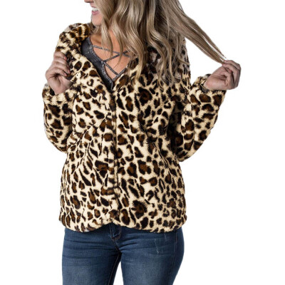 

Toponeto Women Leopard Sexy Long Sleeve Winter Warm Hooded Coat Leopard Print Coat