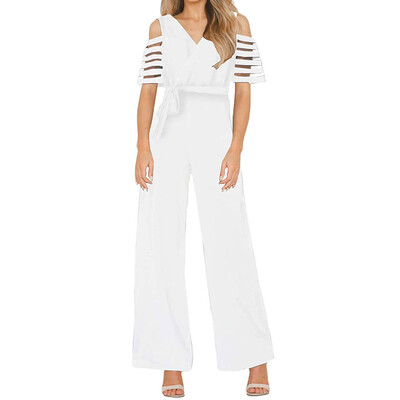 

Starmoon Womens Fashion High Waist With Cold Shoulders Solid Color Wide Leg Jumpsuit