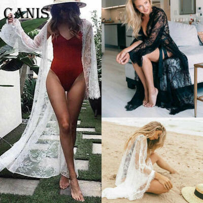 

Women Lace Boho Kimono Bikini Cover Up Cardigan Long Sleeve Sunscreen Thin Coats