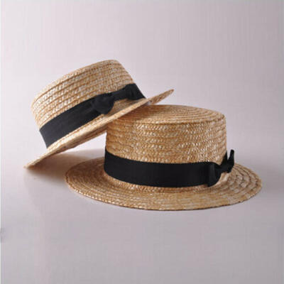 

Womens Kids Girls Straw Bowler Boater Sun Hat Round Flat Caps Brim Summer Beach