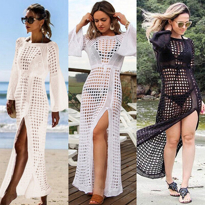 

Sexy Women Bikini Cover Up Sheer Fishnet Hollow Out Split Knitted Swimsuit Coverups Beach Long Dress WhiteBlackBeige